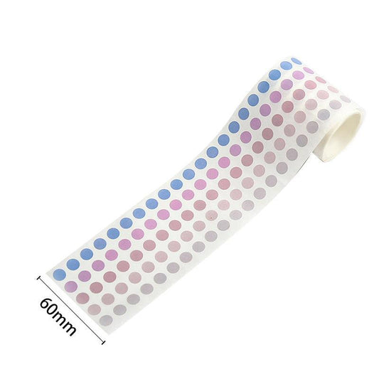 A roll of pastel color-coding dot stickers in soft blue, lavender, pink, and gray tones, shown with a 60mm width reference.