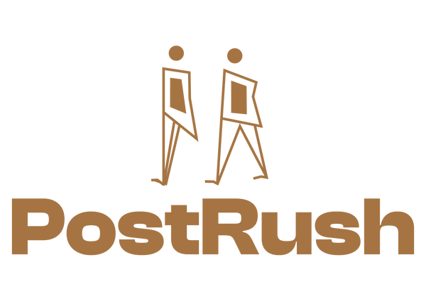 Logo of PostRush with two abstract figures and the brand name in brown on a white background