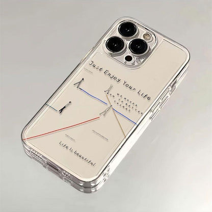 Clear phone case featuring the text “Just Enjoy Your Life” with minimalist line art figures and intersecting colored lines on a neutral background.