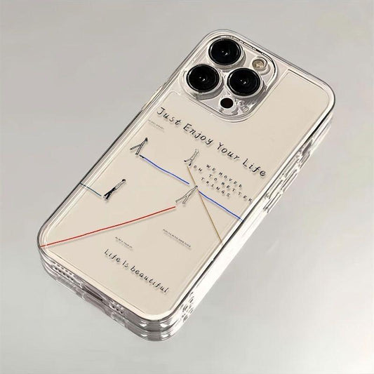 Clear phone case featuring the text “Just Enjoy Your Life” with minimalist line art figures and intersecting colored lines on a neutral background.