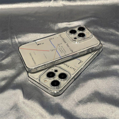 Two clear phone cases stacked on a soft fabric surface, featuring the text “Just Enjoy Your Life” with minimalist line illustrations and colored lines.