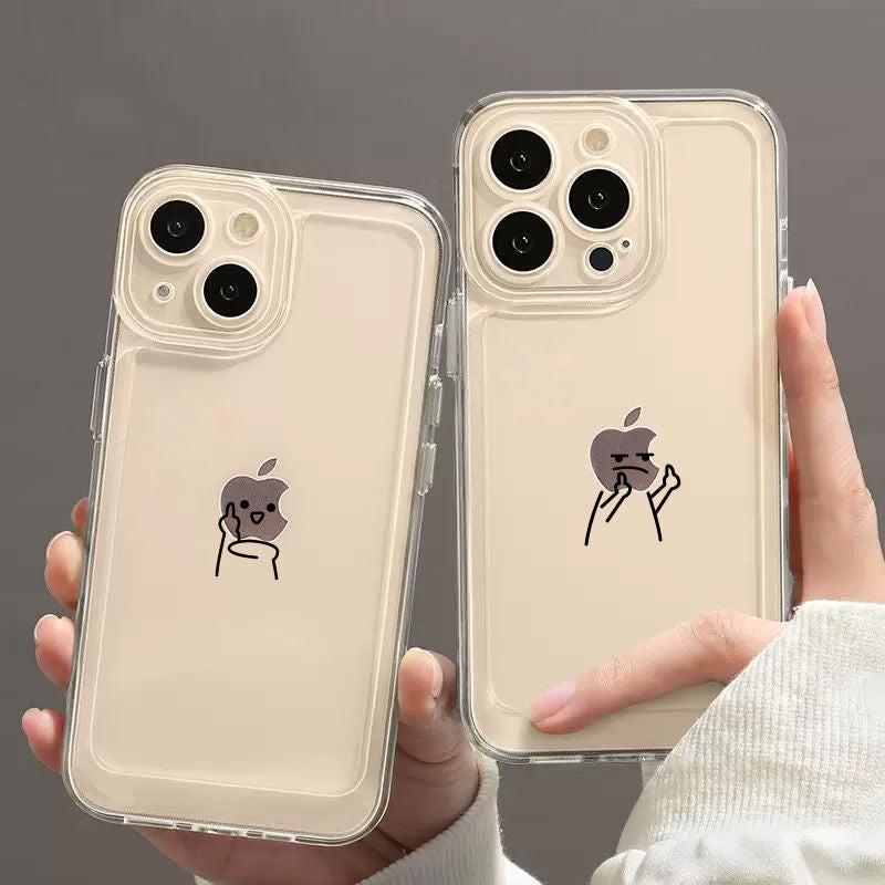 Two clear phone cases with minimalist illustrated characters, held side by side.