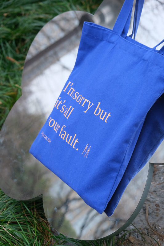 Blue canvas tote bag with orange humorous text, photographed outdoors with a mirror reflection.