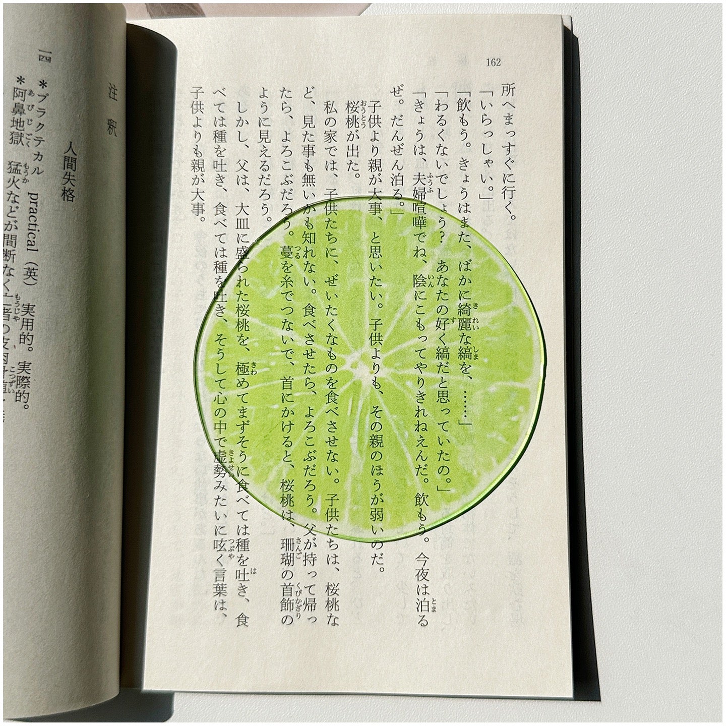 Green lemon-shaped transparent bookmark placed inside an open book.