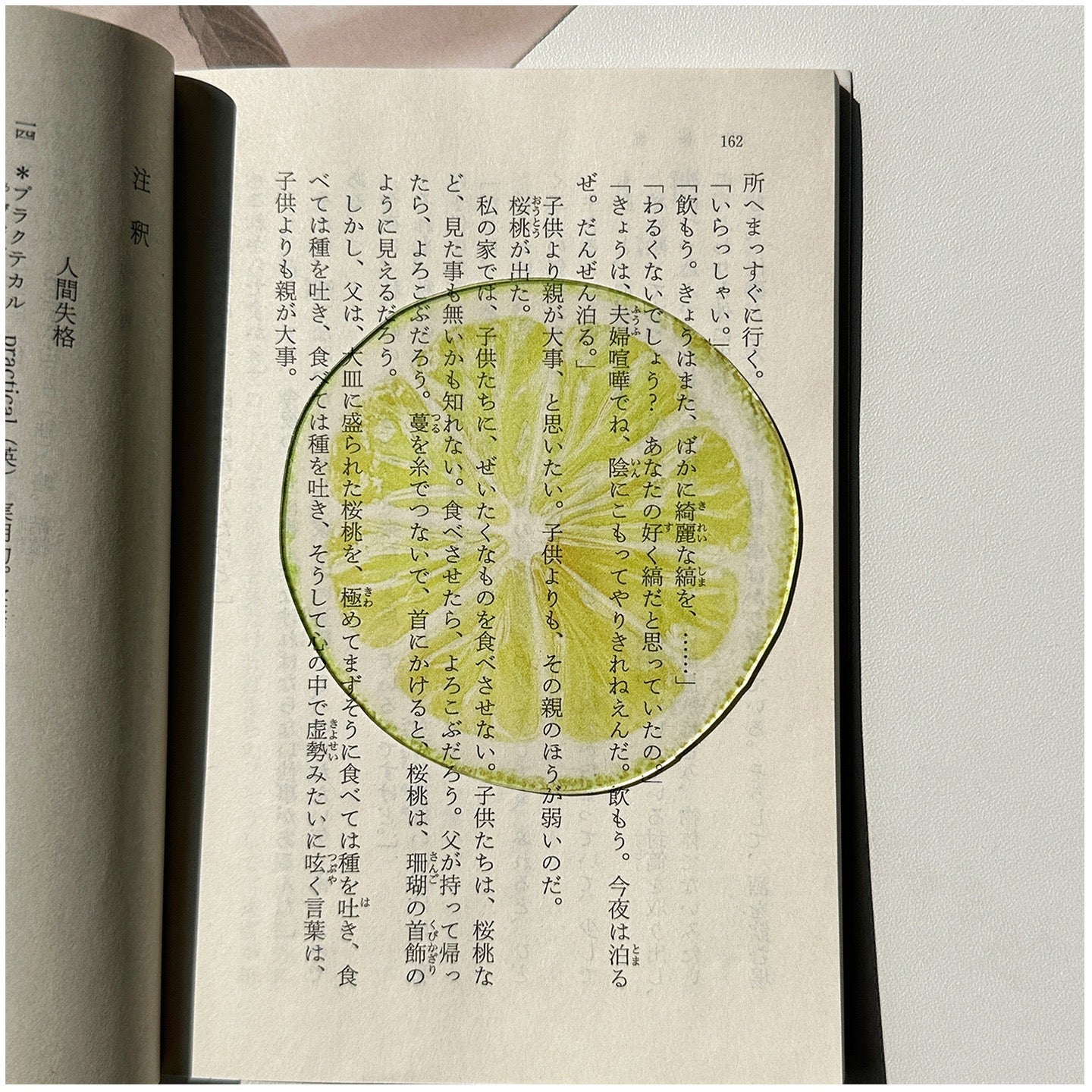 Lemon-shaped transparent bookmark placed inside an open book.