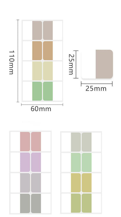 Size guide showing pastel color coding stickers arranged on sheets, with individual stickers measuring 25mm by 25mm.