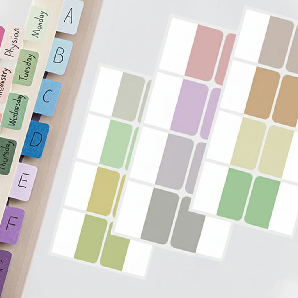Colorful labeled tabs on a planner with a grid of color swatches.