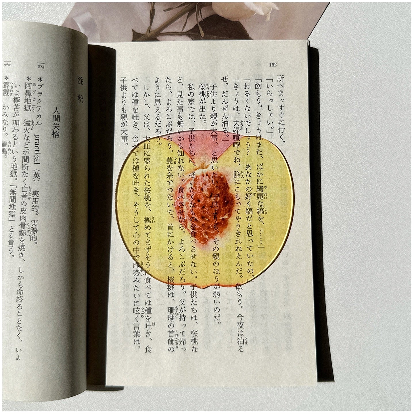 Peach-shaped transparent bookmark placed inside an open book.