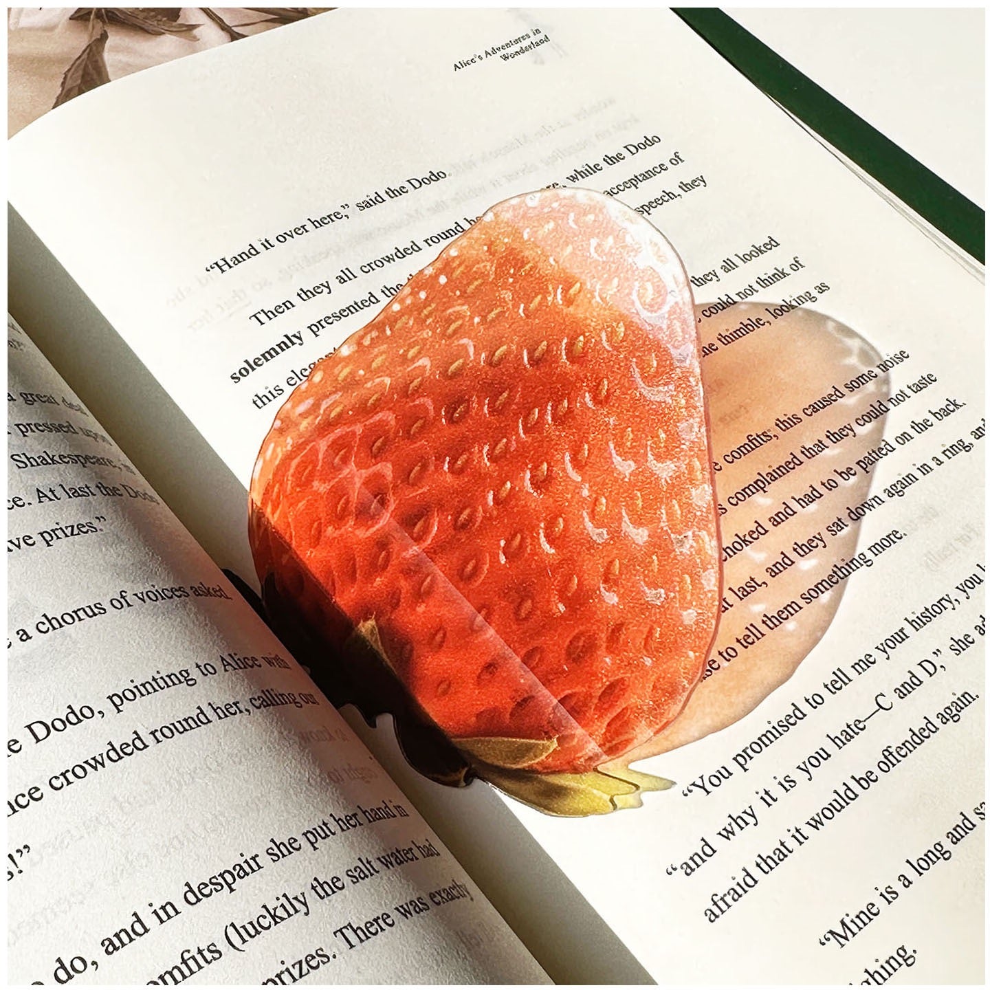 Strawberry-shaped transparent bookmark placed inside an open book.