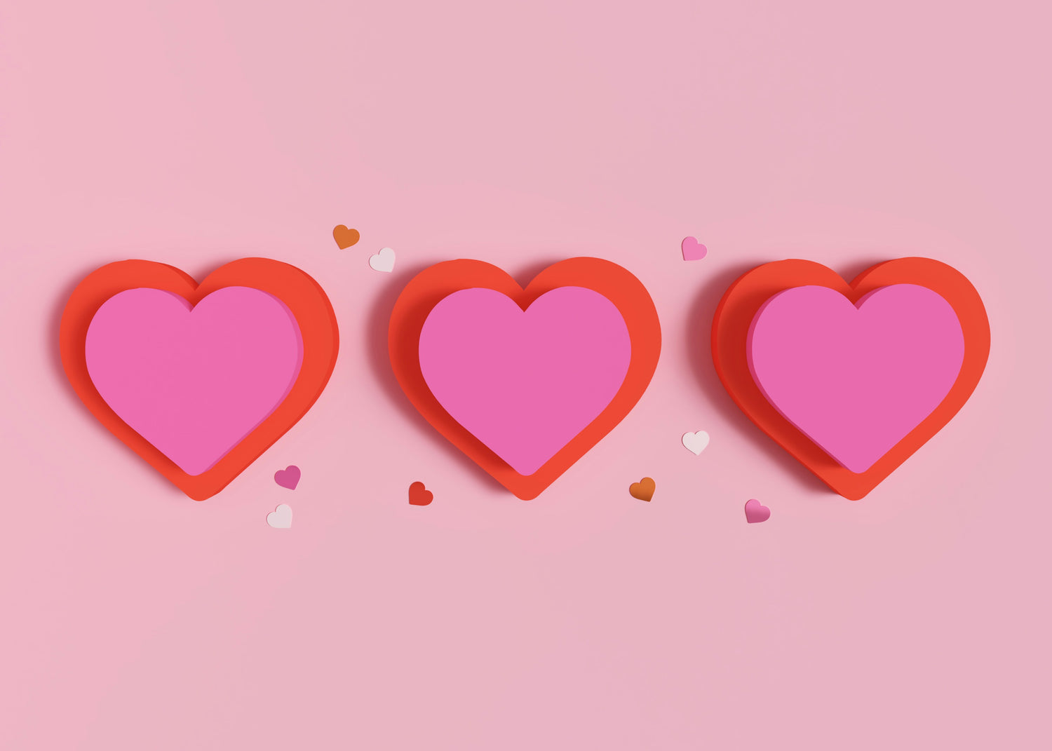Three pink hearts with red outlines on a pink background