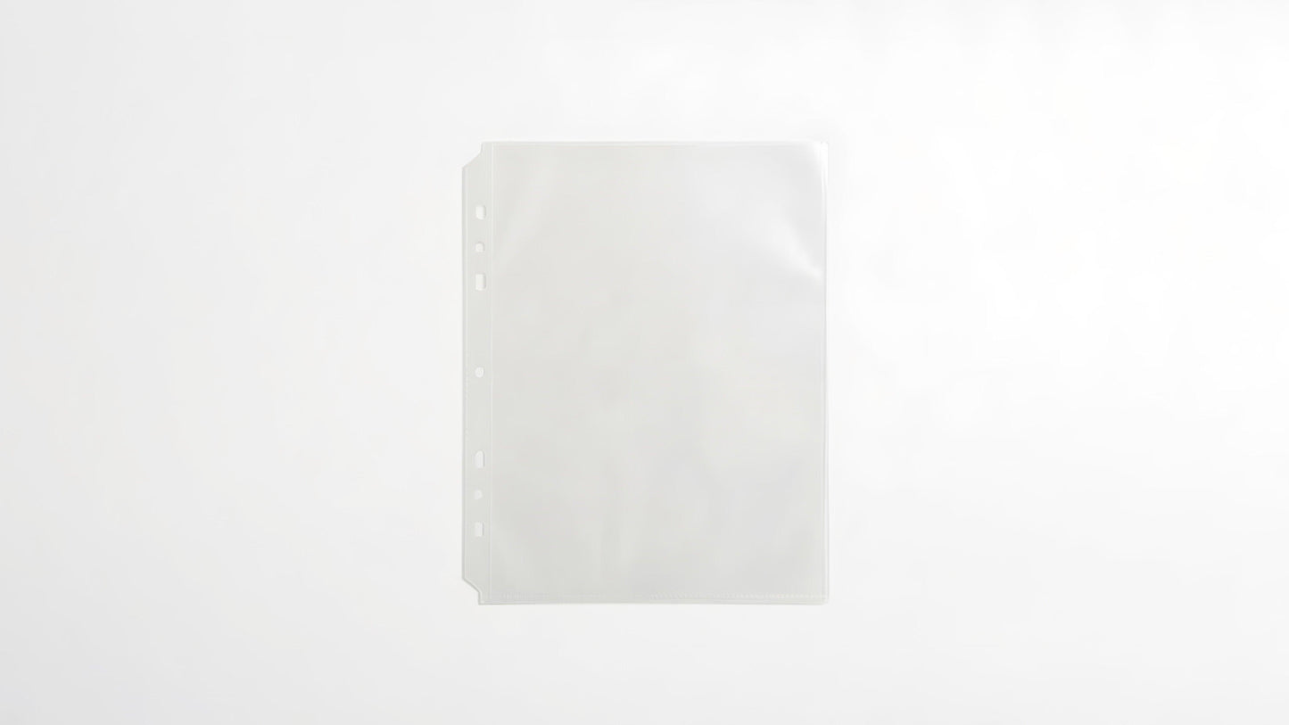 Translucent refill pocket page with 6 holes for a ring binder, suitable for photos or documents.