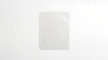 Translucent refill pocket page with 6 holes for a ring binder, suitable for photos or documents.