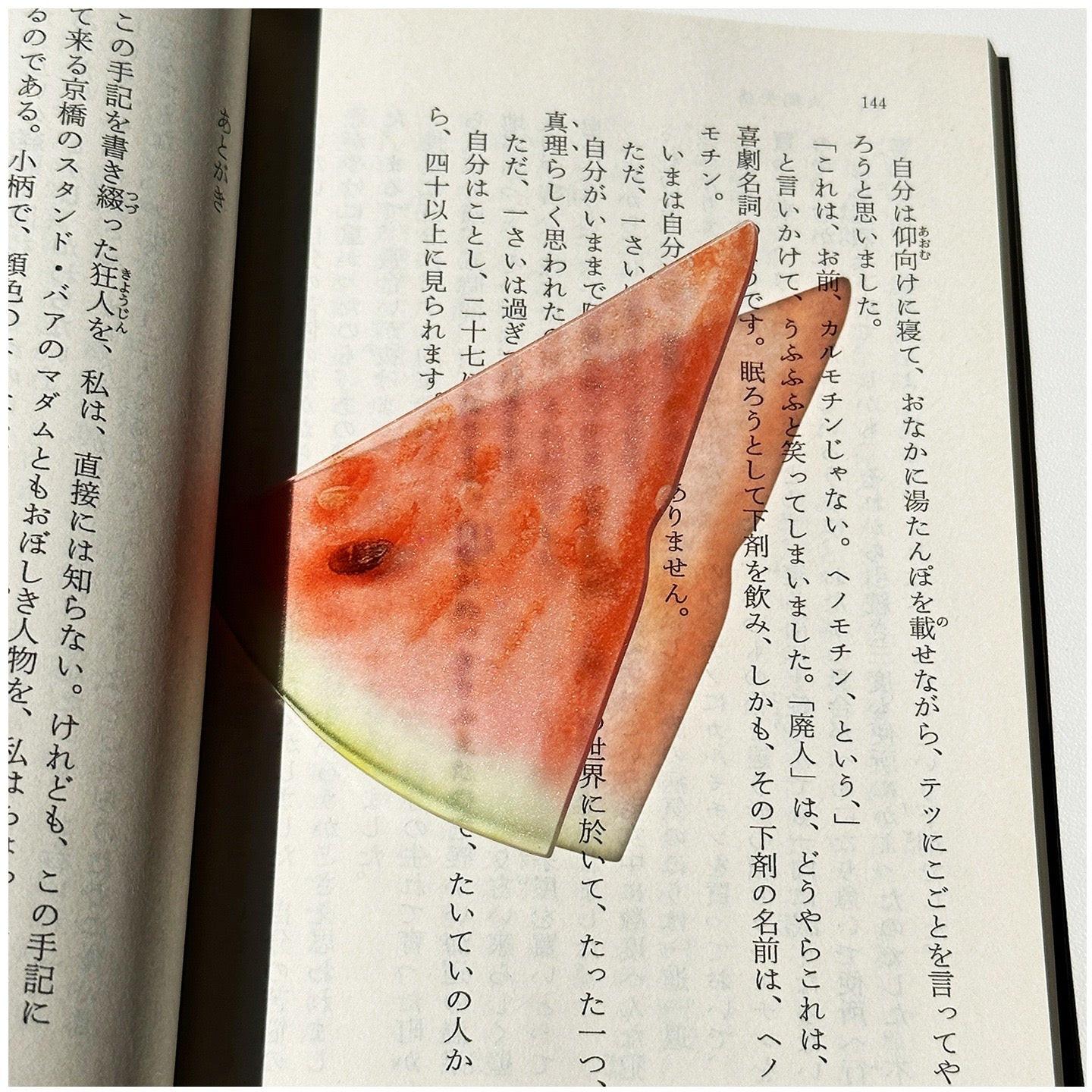 Watermelon-shaped transparent bookmark placed inside an open book.