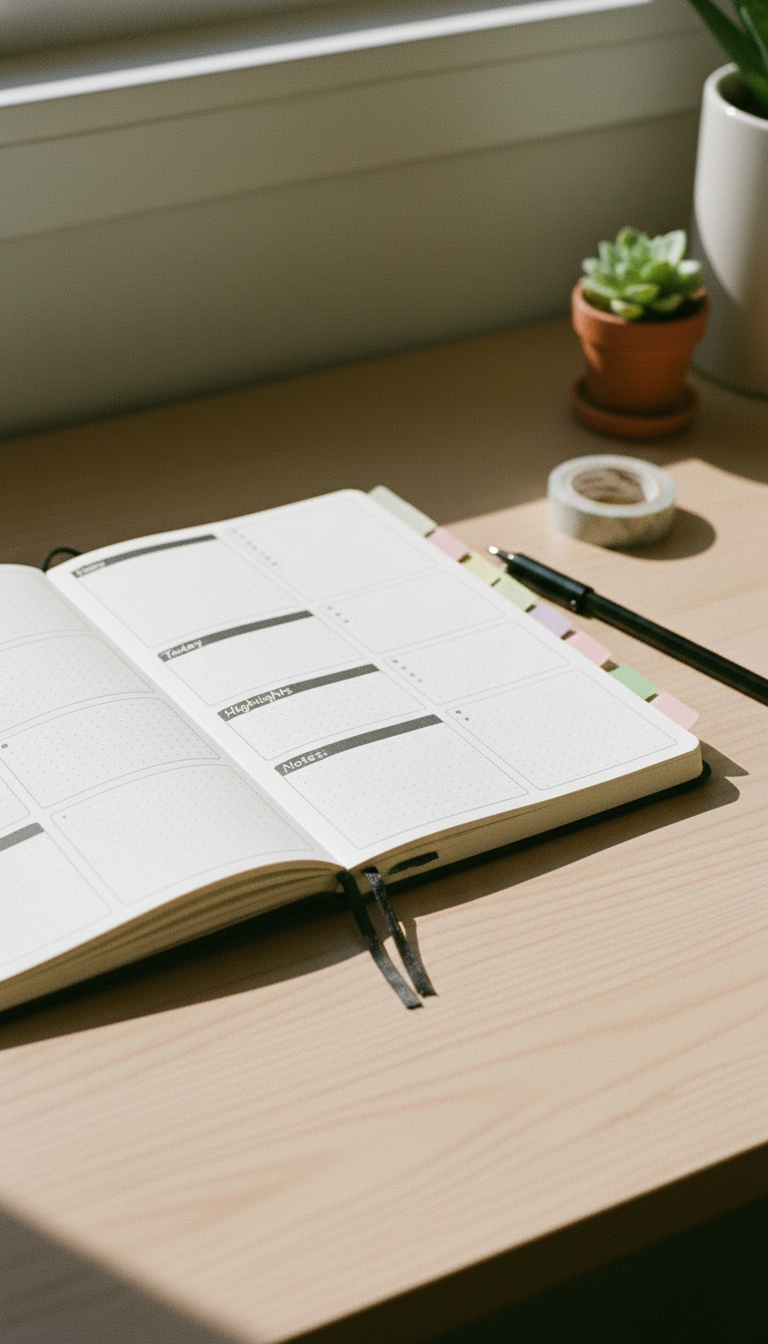 An open weekly planner journal on a wooden desk, organized with color-coding stickers, pen, and soft natural light.