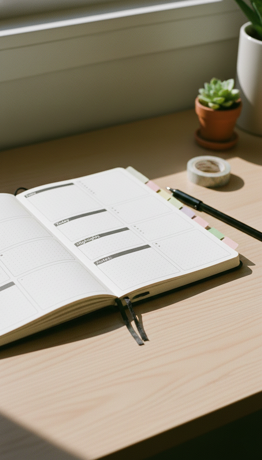 An open weekly planner journal on a wooden desk, organized with color-coding stickers, pen, and soft natural light.